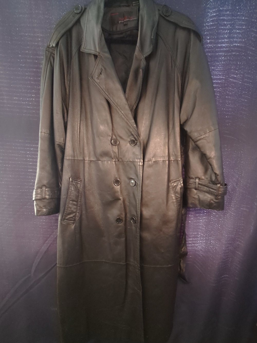 Women's Black Leather Double-Breasted Trench Coat